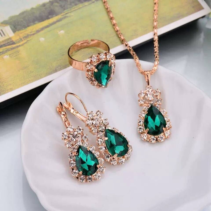 3Pcs Ear Clip Bright Color Alloy Necklace Earrings Ring Set Water Drop Rhinestone Pendant Necklace Earrings Ring Jewelry Image 10