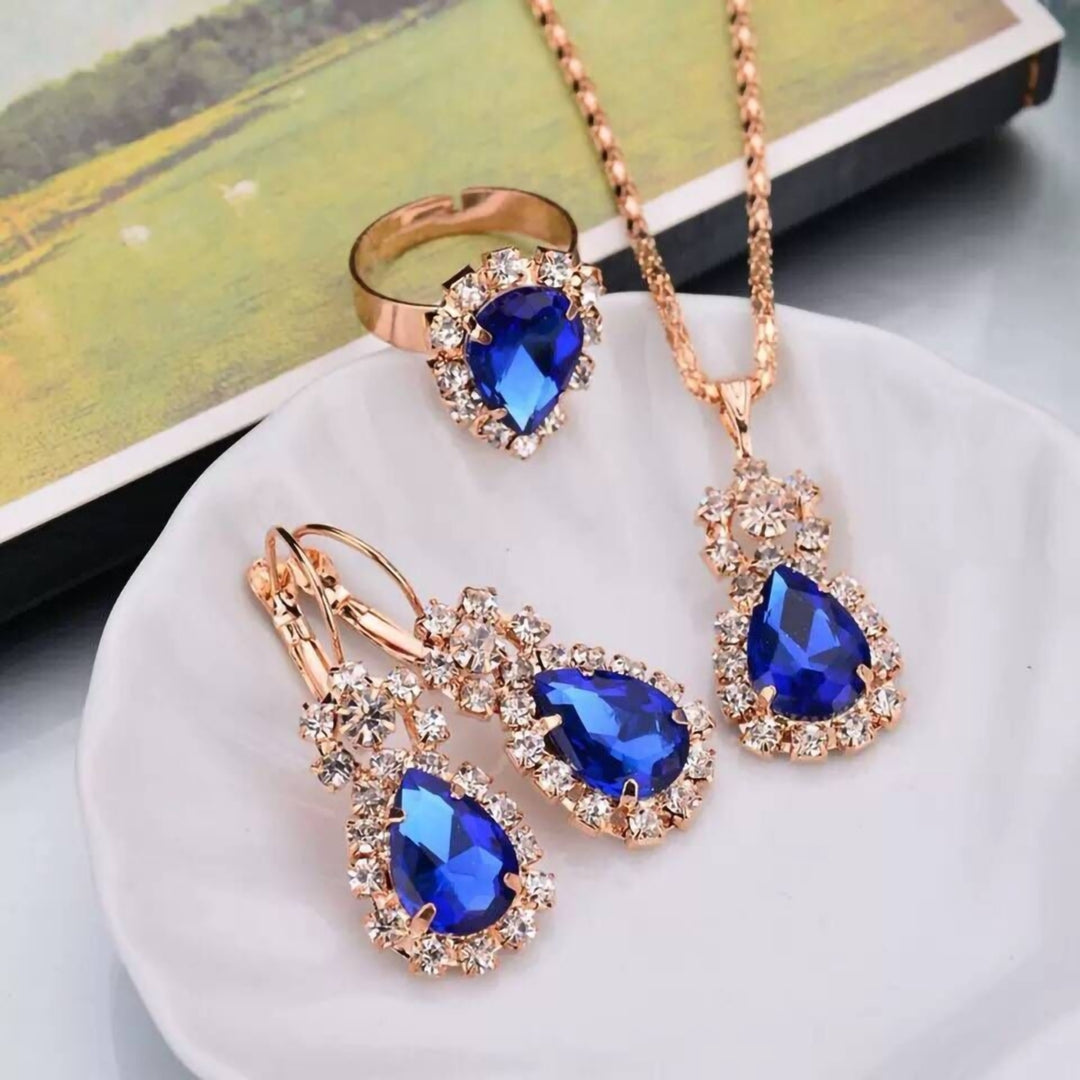 3Pcs Ear Clip Bright Color Alloy Necklace Earrings Ring Set Water Drop Rhinestone Pendant Necklace Earrings Ring Jewelry Image 11