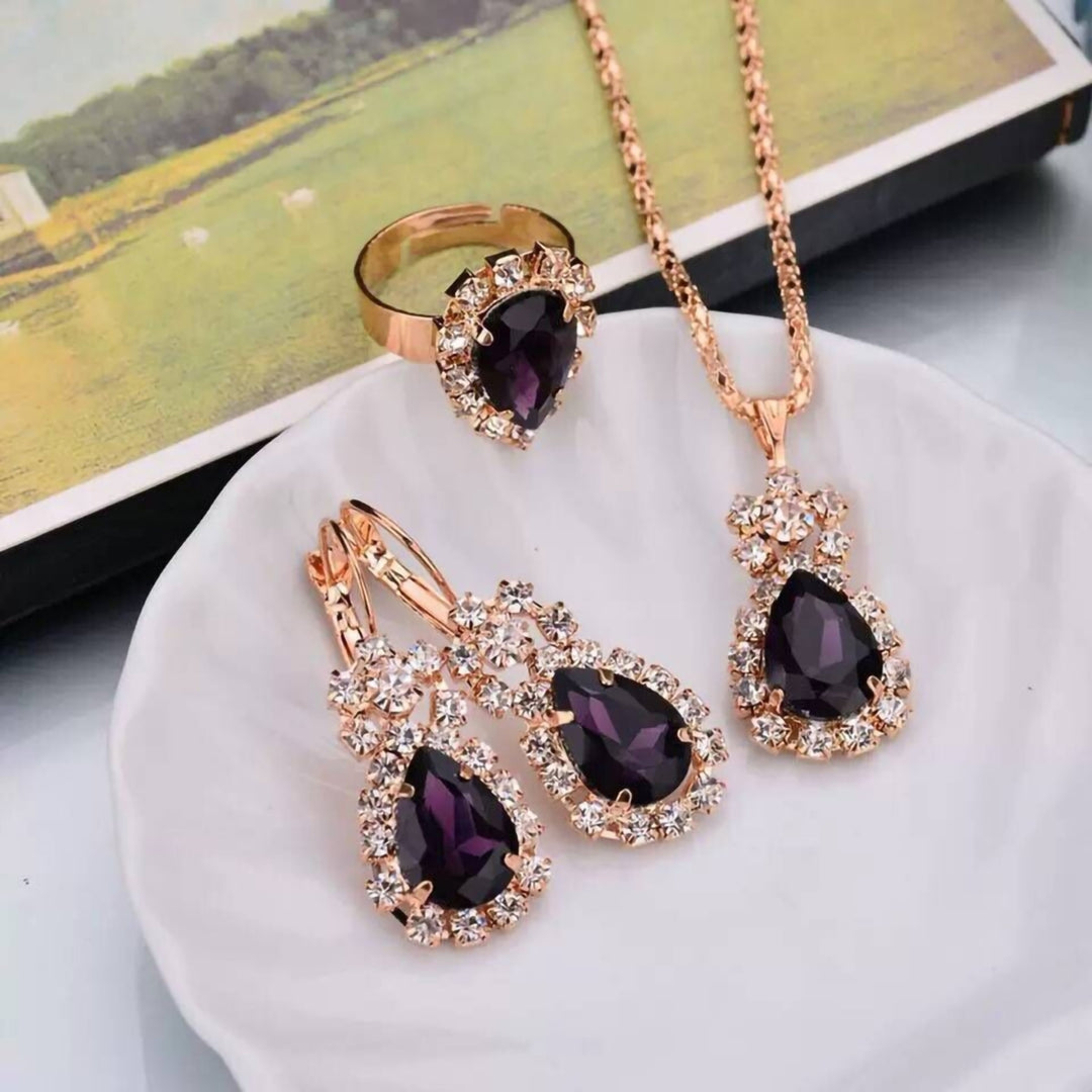 3Pcs Ear Clip Bright Color Alloy Necklace Earrings Ring Set Water Drop Rhinestone Pendant Necklace Earrings Ring Jewelry Image 12