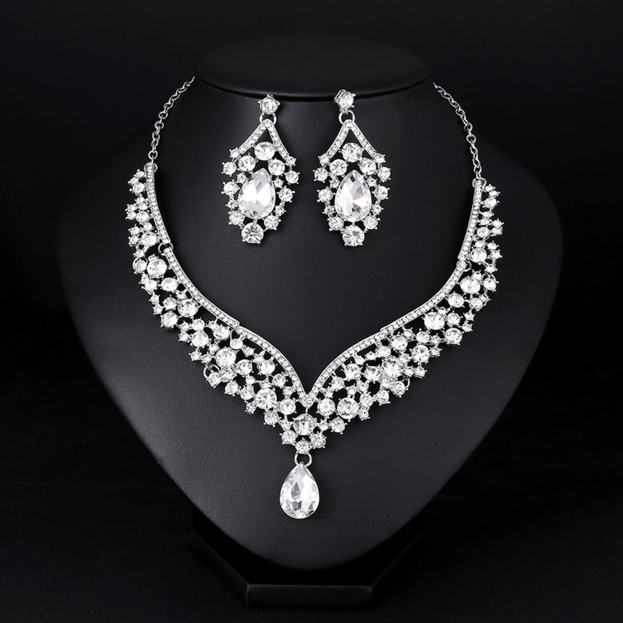 1 Set Bridal Earrings Necklace Rhinestone Faux Crystal Jewelry Hollow Out Adjustable Choker Necklace Earrings for Image 1