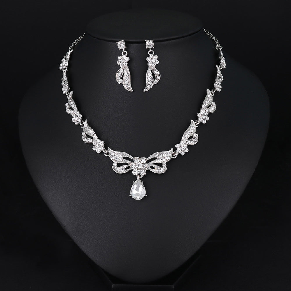 1 Set Bridal Necklace Earrings Rhinestone Adjustable Jewelry Exaggerate Lightweight Jewelry Set for Wedding Image 2