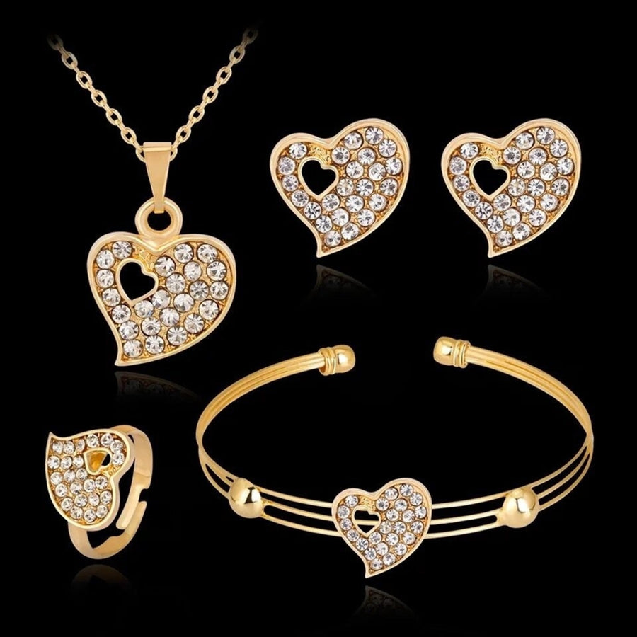 4 Pcs Women Jewelry Heart Shape Rhinestone Inlay Golden Color Shiny Lady Bracelet Ring Set for Wedding Image 1