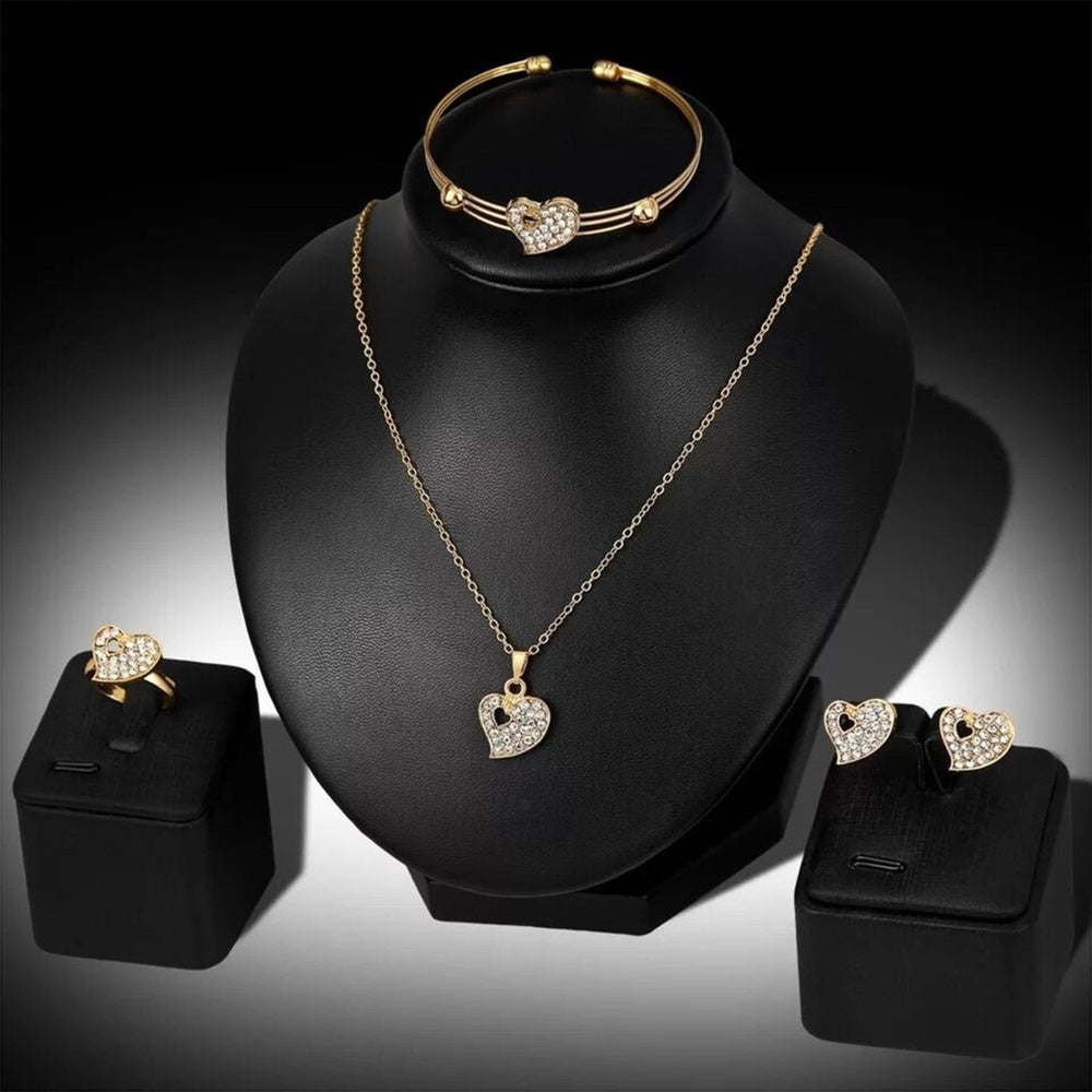 4 Pcs Women Jewelry Heart Shape Rhinestone Inlay Golden Color Shiny Lady Bracelet Ring Set for Wedding Image 2