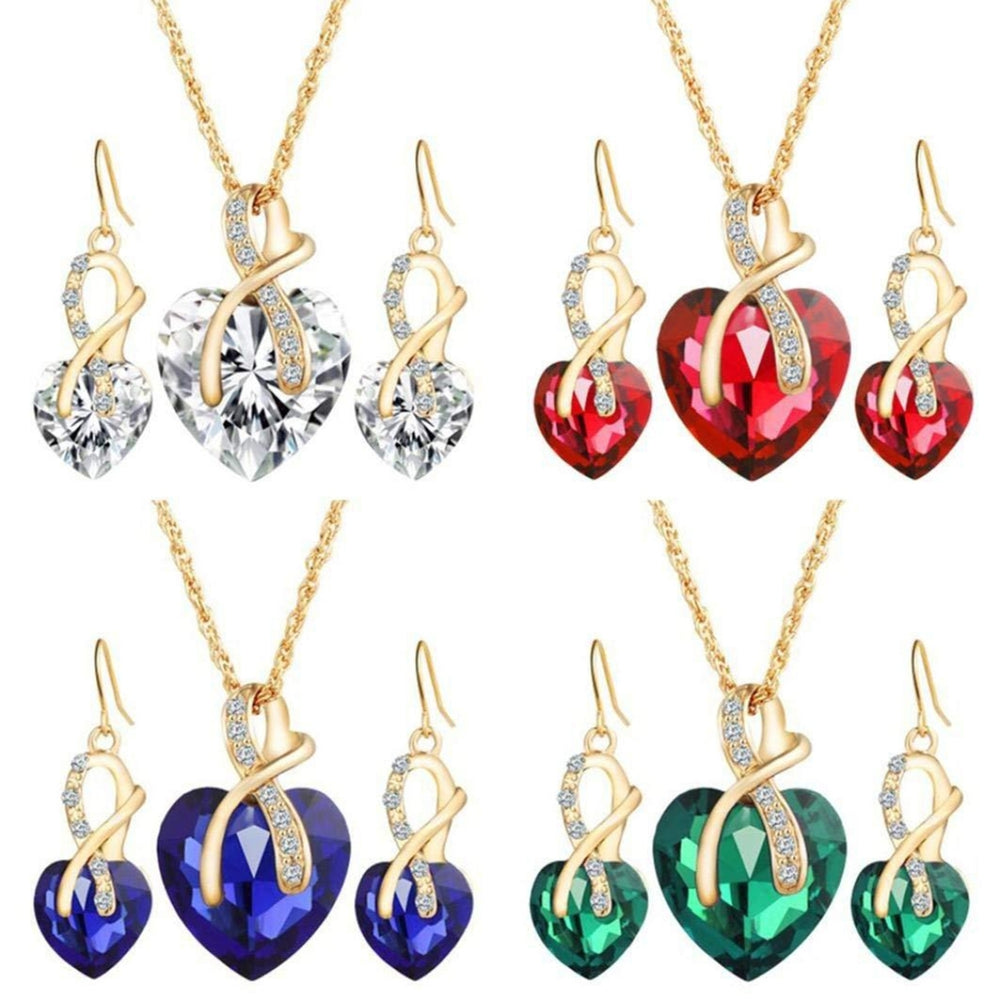 1 Set Women Necklace Earrings Heart Pendant Faux Crystal Jewelry Sweet Long Lasting Jewelry Set for Wedding Image 2