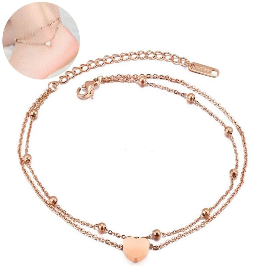Women Heart Round Bead Charm Double Layer Anklet Foot Chain Bracelet Jewelry Image 1