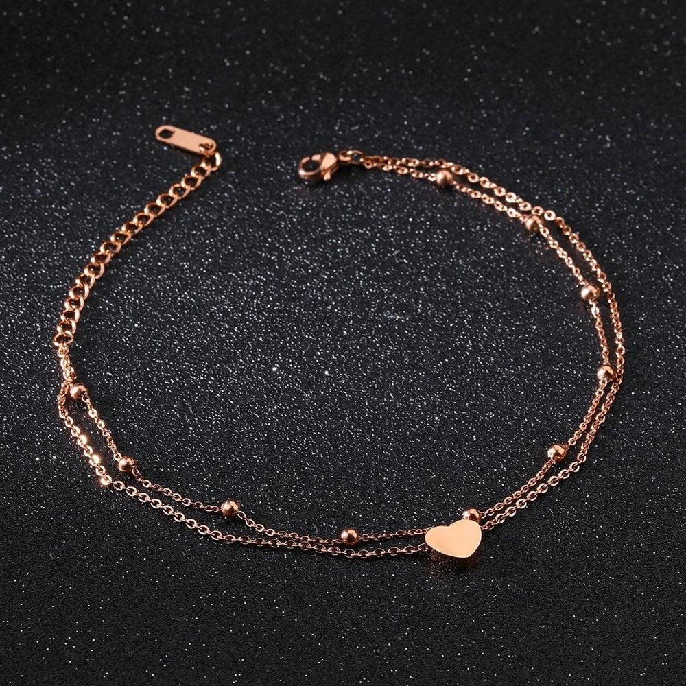 Women Heart Round Bead Charm Double Layer Anklet Foot Chain Bracelet Jewelry Image 2