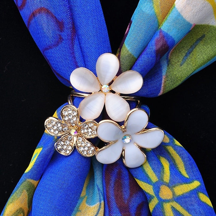 Women Shiny Rhinestone Inlaid Flower Scarf Ring Clip Holder Brooch Pin Buckle Image 4