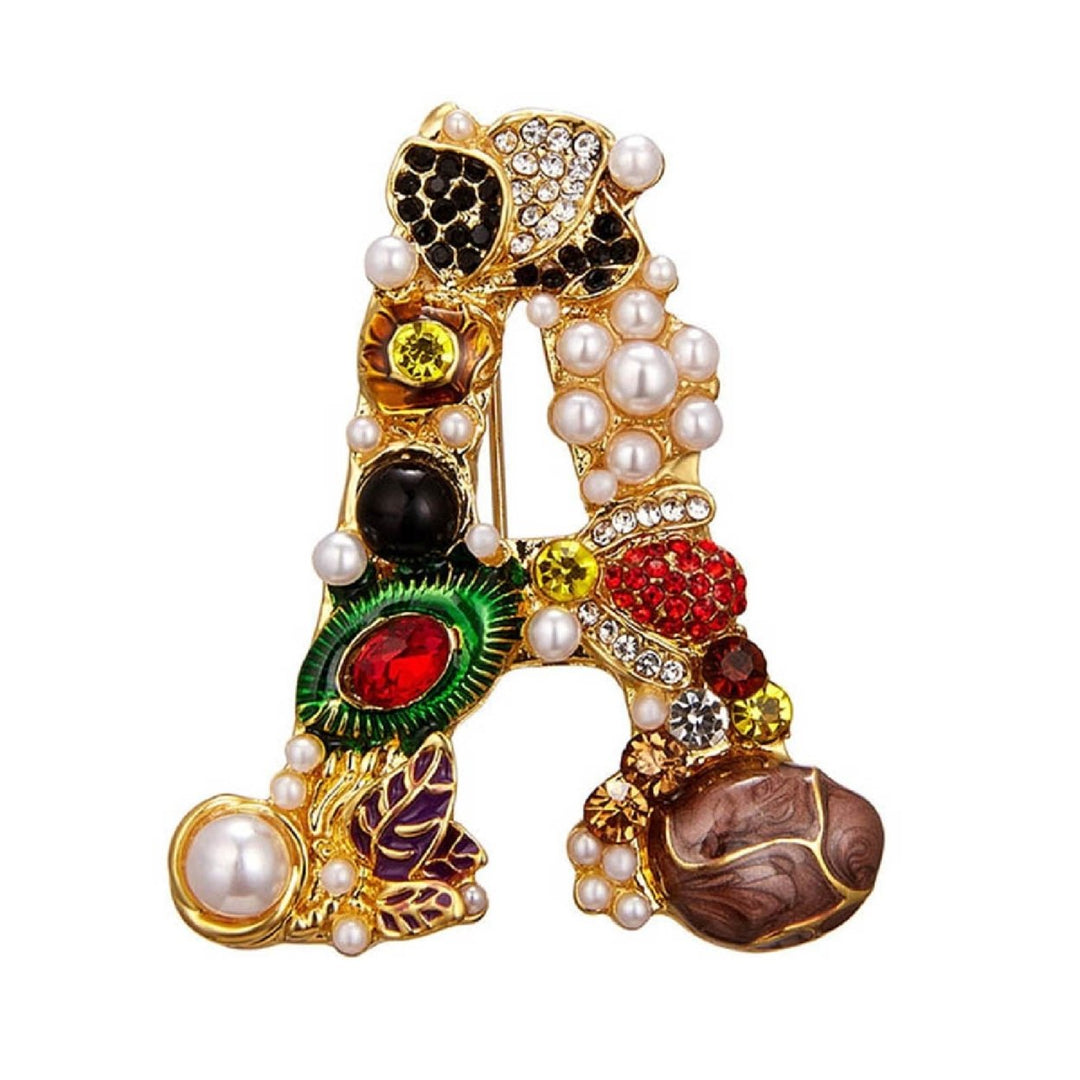 Enamel Brooch Pin Muti-Color Fashion Letter Shape Women Rhinestone Faux Pearl Brooch Pin for Party Image 1
