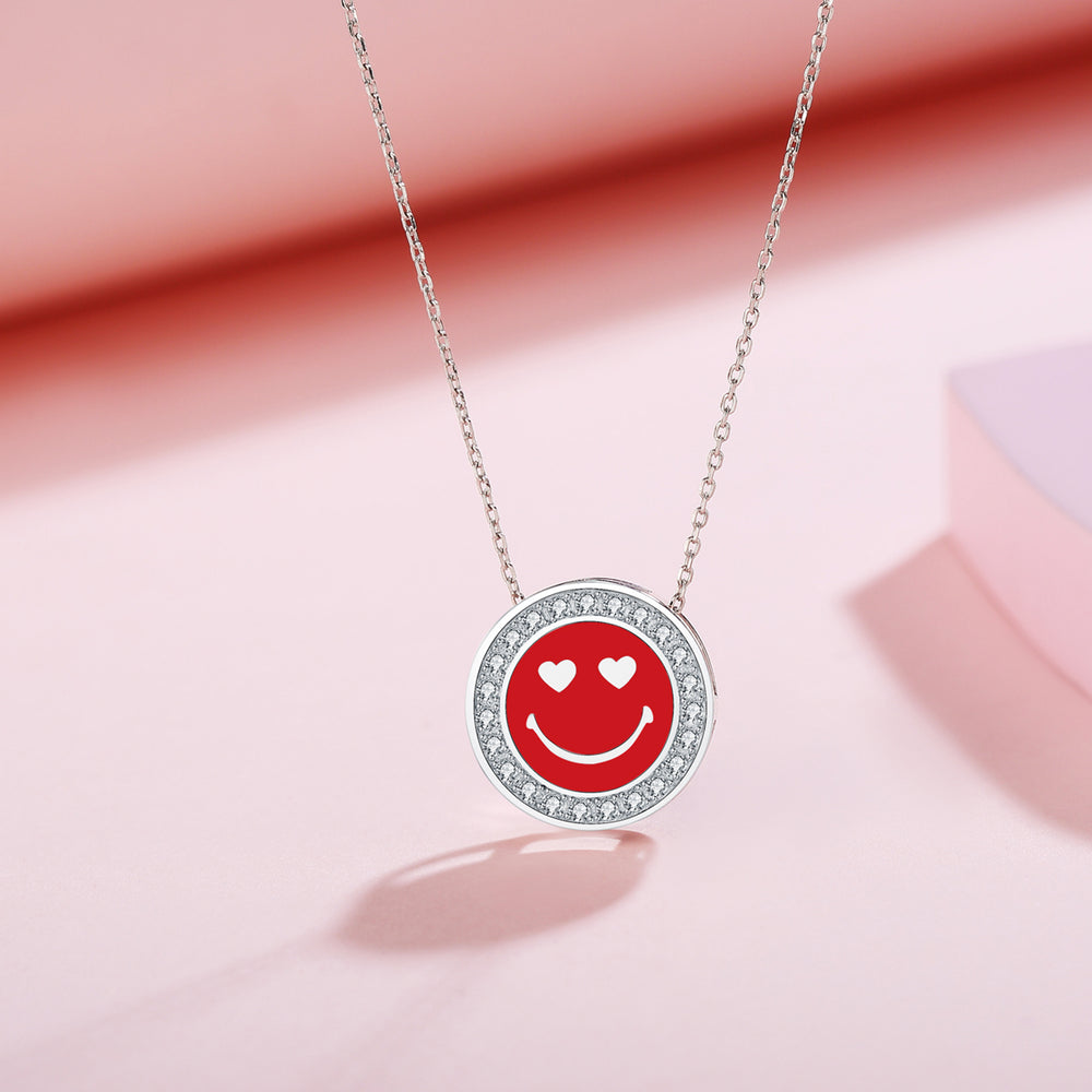 925 Sterling Silver Created Diamond Happy Face Enamel Pendant Ncklace Image 2