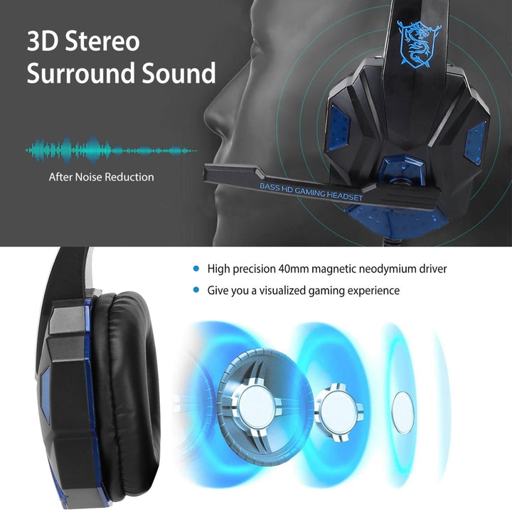 Gaming Headsets Stereo Bass Over Ear Headphones LED Light Earmuff with Mic 3.5mm Plug USB 6.89FT Cord Image 3