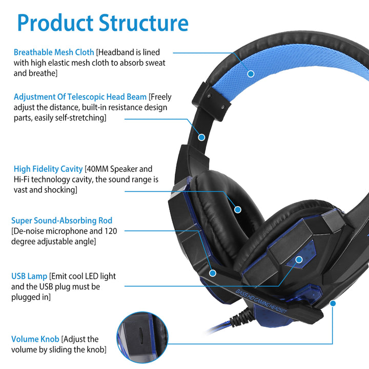 Gaming Headsets Stereo Bass Over Ear Headphones LED Light Earmuff with Mic 3.5mm Plug USB 6.89FT Cord Image 4