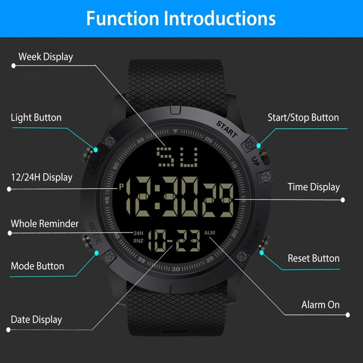 Men Digital Sports Watch Water-Resistant Military Wrist Watch LED Backlight Date Week Display Alarm Stopwatch Function Image 2
