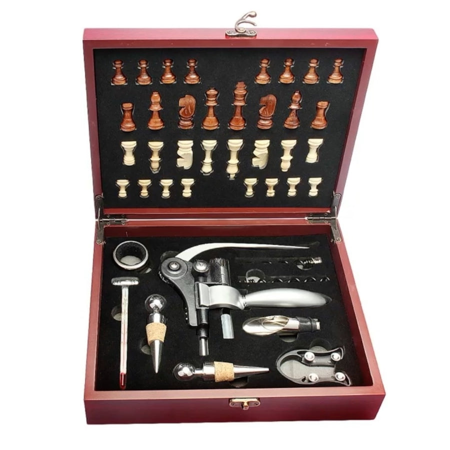 Arolly 2-in-1 Wine Opener Kit with Chess set for Wine and Chess loversClassic Wooden Box with Chess Board and 9 Wine Image 1