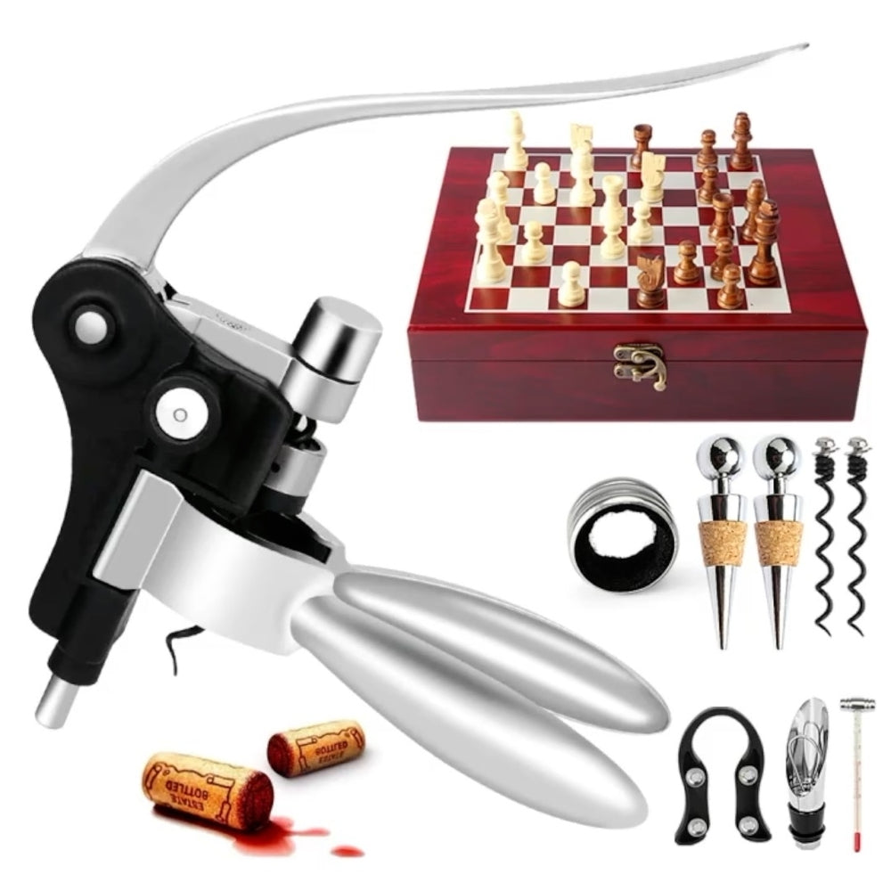 Arolly 2-in-1 Wine Opener Kit with Chess set for Wine and Chess loversClassic Wooden Box with Chess Board and 9 Wine Image 2