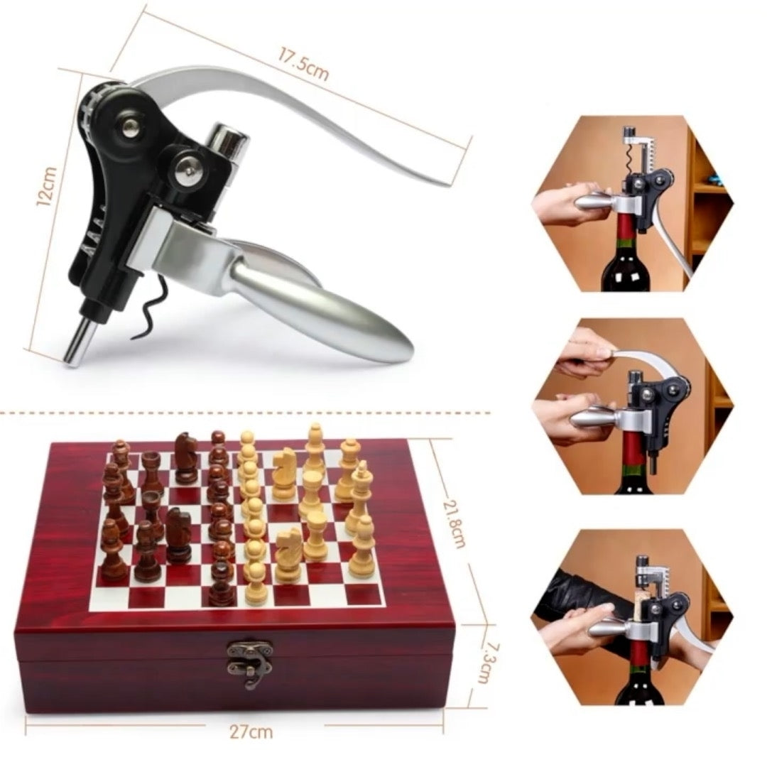 Arolly 2-in-1 Wine Opener Kit with Chess set for Wine and Chess loversClassic Wooden Box with Chess Board and 9 Wine Image 3