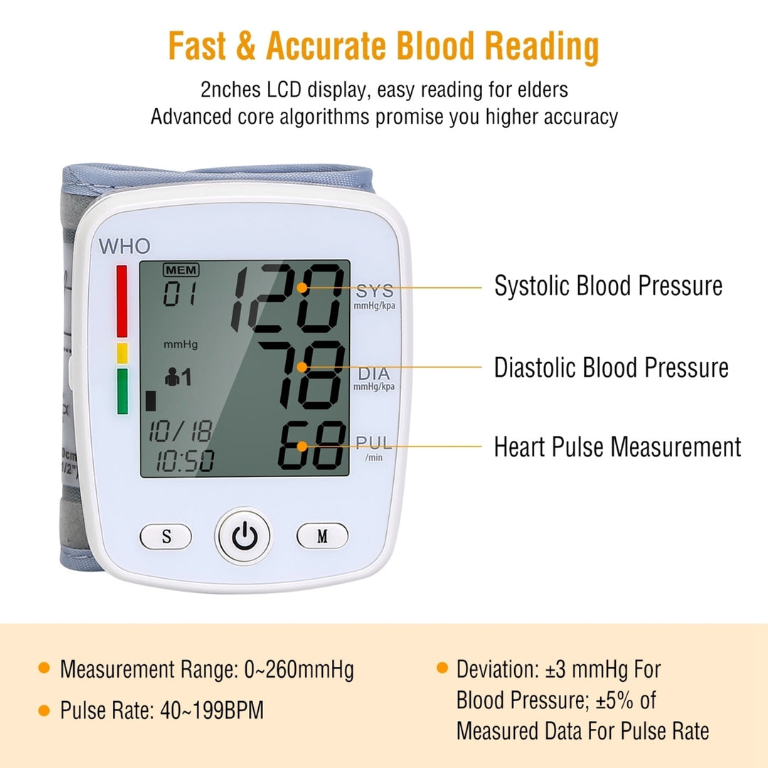 Blood Pressure Monitor Wrist Digital High Blood Pressure Cuff Heartbeat Tester 90x2 Reading Memory 2In LCD Screen Image 2