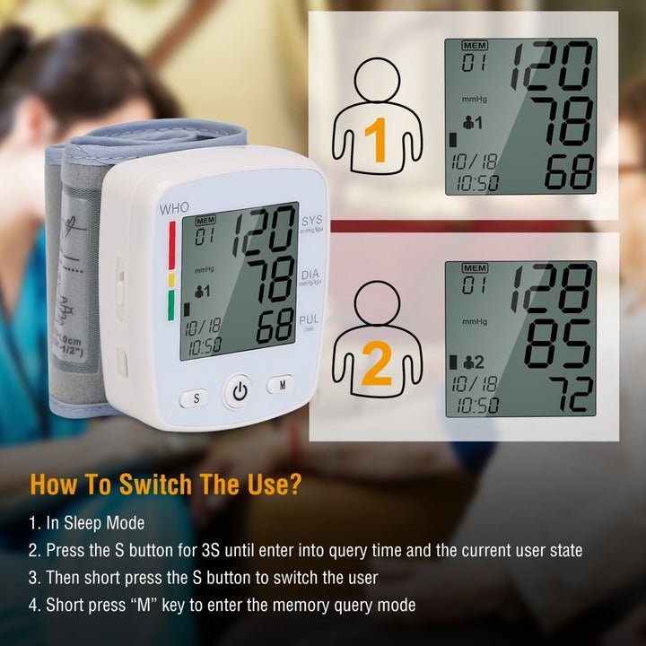 Blood Pressure Monitor Wrist Digital High Blood Pressure Cuff Heartbeat Tester 90x2 Reading Memory 2In LCD Screen Image 3