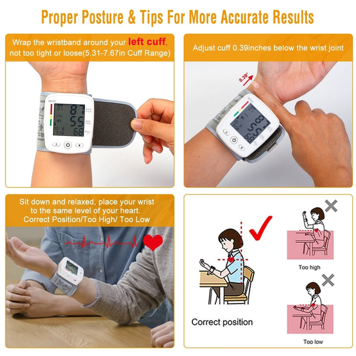 Blood Pressure Monitor Wrist Digital High Blood Pressure Cuff Heartbeat Tester 90x2 Reading Memory 2In LCD Screen Image 6