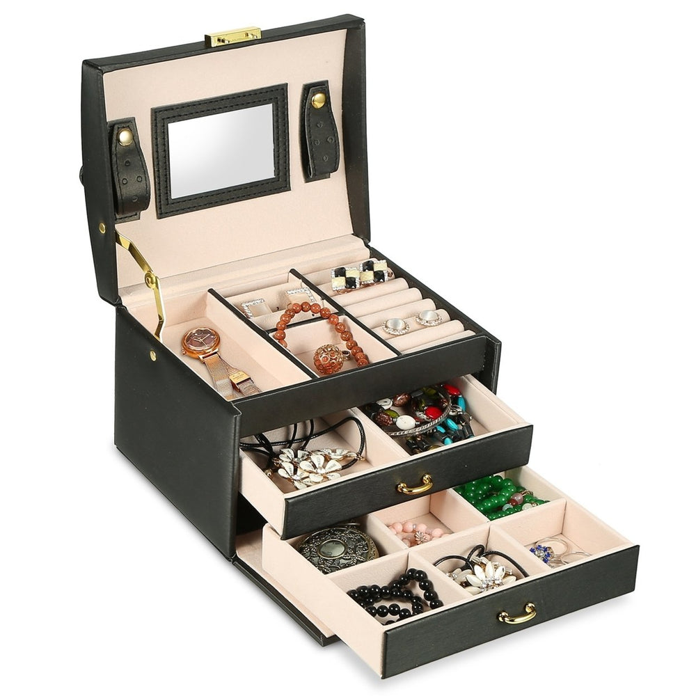 Jewelry Case Organizer 3-layer Lockable Travel Jewelry Box PU Leather Storage Image 2