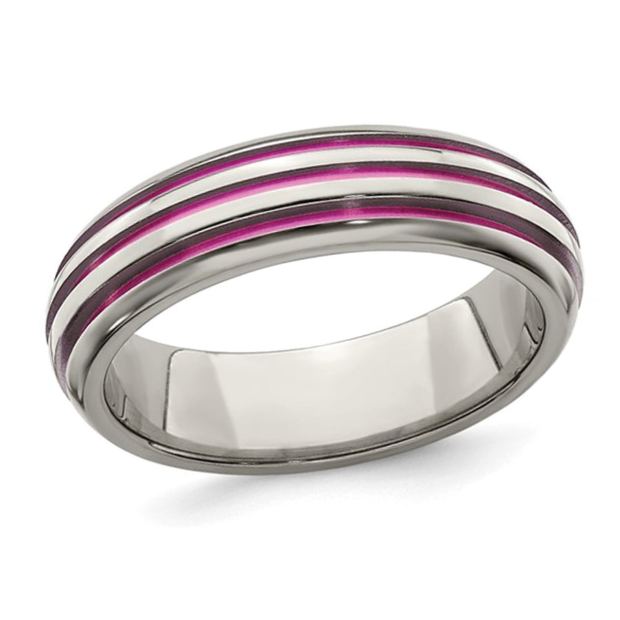 Ladies or Mens Titanium Pink Anodized Triple Grooved Band Ring (6mm) Image 1