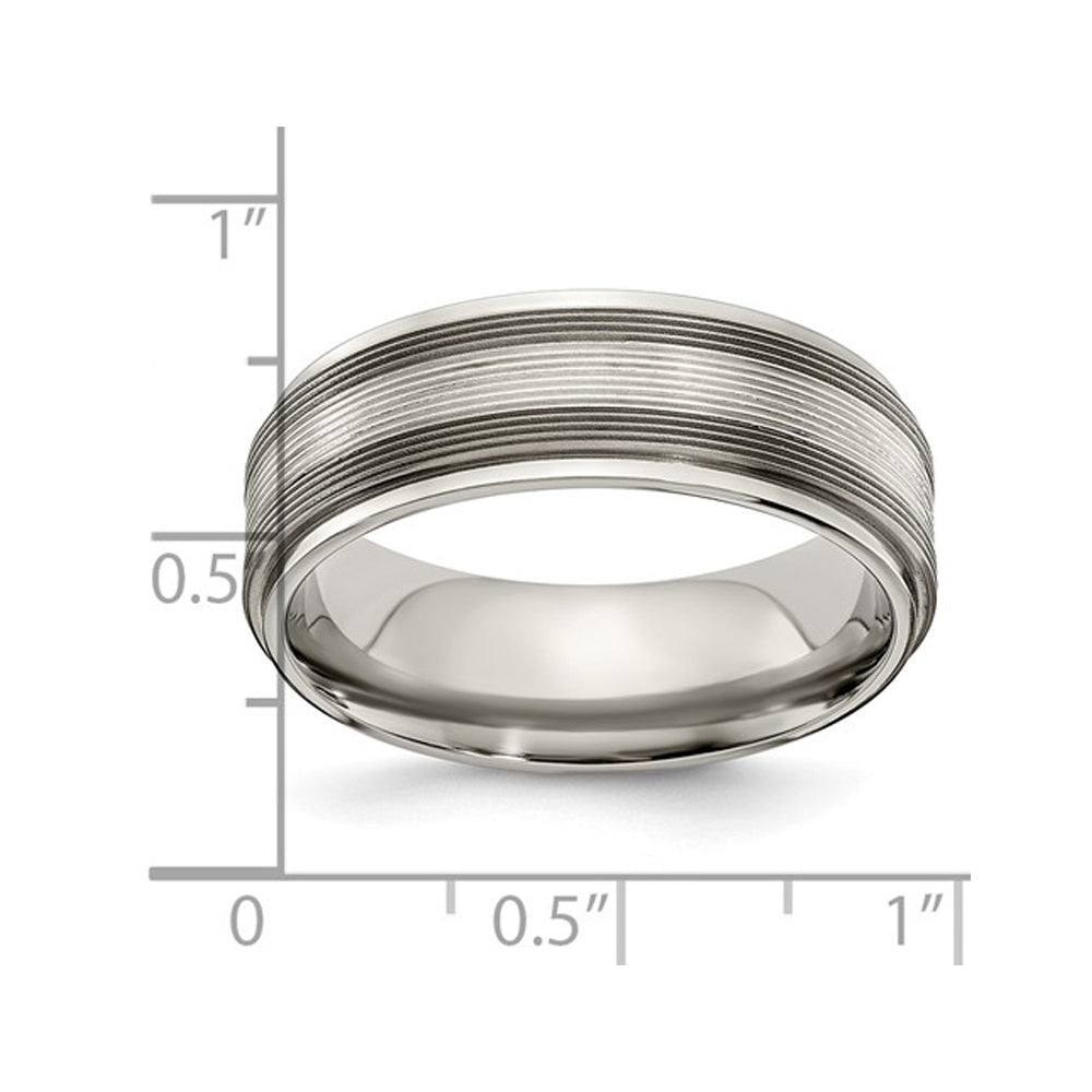 Mens Titanium with Sterling Silver Txtured Lines Band Ring (7.5mm) Image 2