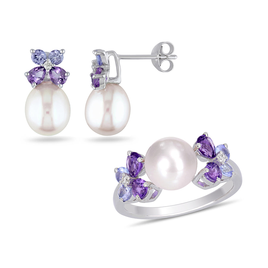 Cultured Freshwater Pearl (8mm) Tanzanite And Amethyst Earrings and Ring Set in Sterling Silver Image 1