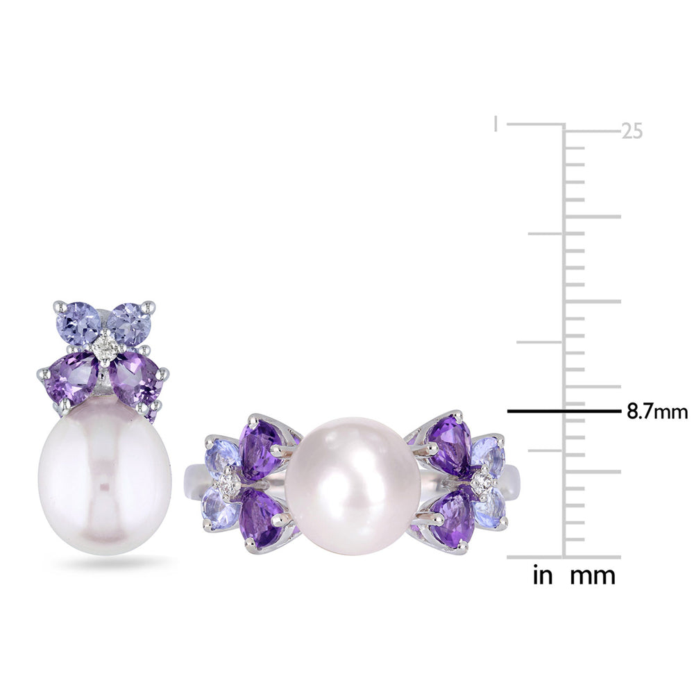 Cultured Freshwater Pearl (8mm) Tanzanite And Amethyst Earrings and Ring Set in Sterling Silver Image 2