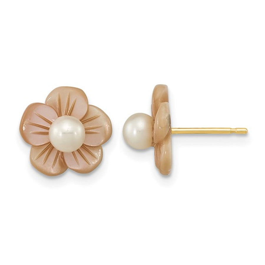 Freshwater cultured Pearl and Mother of Pearl Flower Earrings in 14K Yellow Gold Image 1
