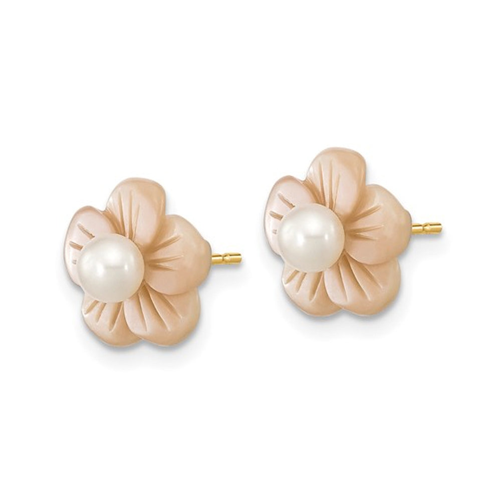 Freshwater cultured Pearl and Mother of Pearl Flower Earrings in 14K Yellow Gold Image 2