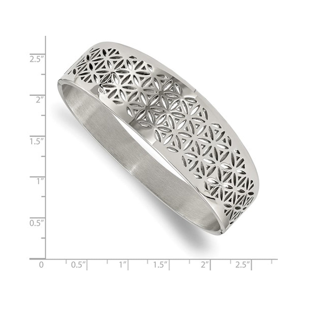 Stainless Steel Polished Flower Cut-out Hinged Bangle Bracelet Image 2
