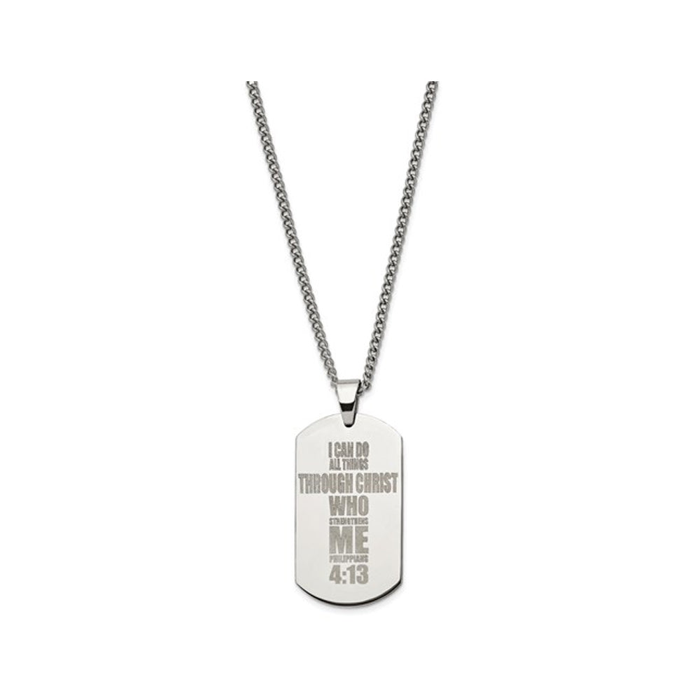 Mens Stainless Steel Lasered Philippians 4:13 Dog Tag Pendant with Chain (24 Inches) Image 2
