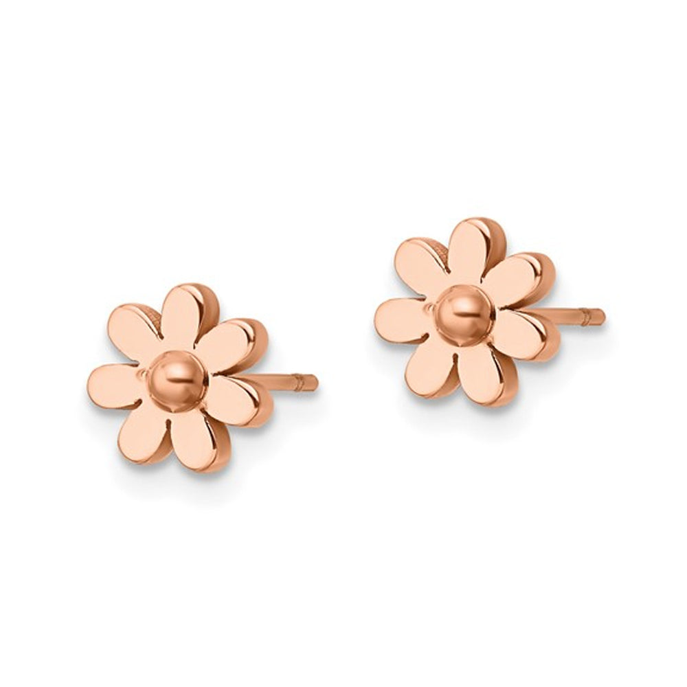 Rose Plated Stainless Steel Polished Flower Button Earrings Image 2
