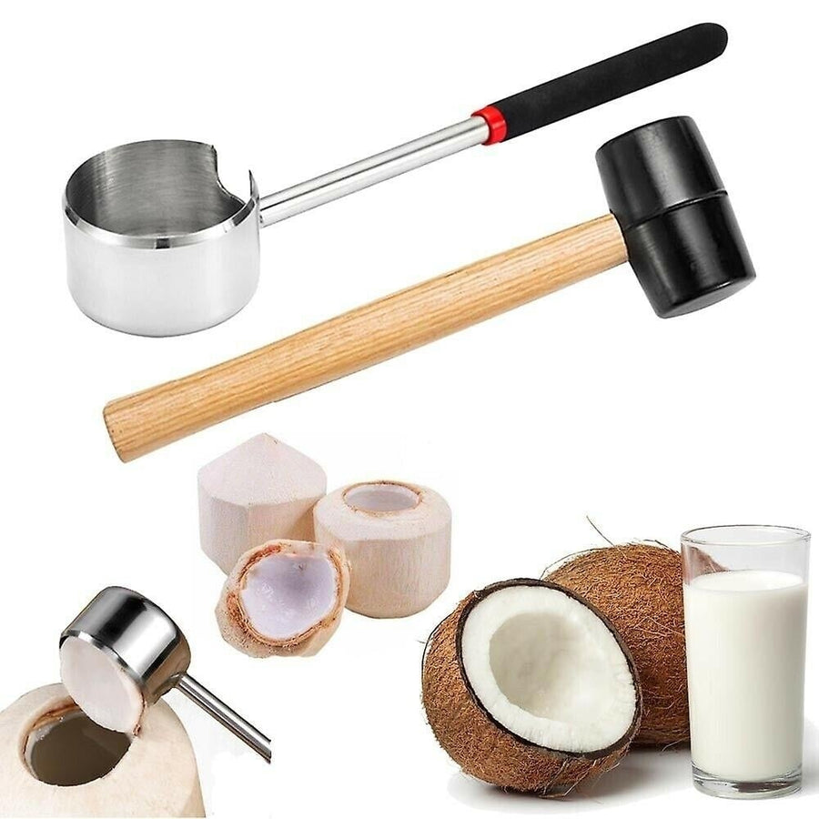 2pcs Coconut Opener Set Portable Opening Tool Kit Durable Rubber Hammer For Home Shop Image 1