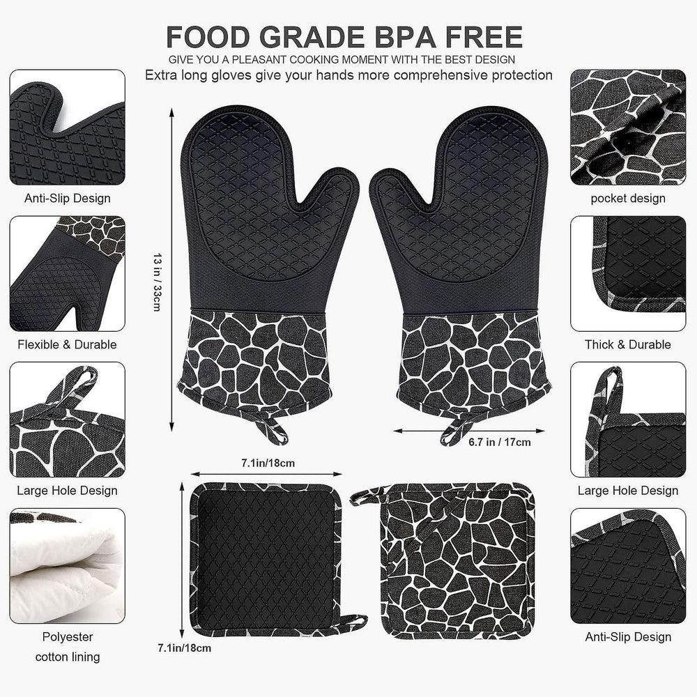 4pcs Silicone Oven Mitts And Pot Holders Set Heat Resistant Backing Gloves Kitchen Tool Image 2