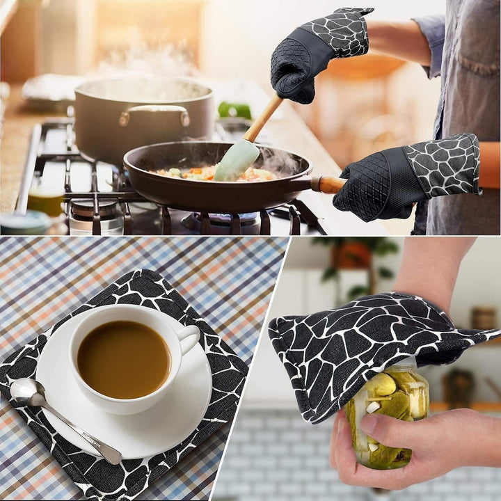 4pcs Silicone Oven Mitts And Pot Holders Set Heat Resistant Backing Gloves Kitchen Tool Image 4