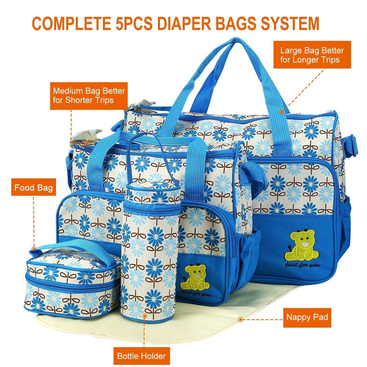 5PCS Baby Nappy Diaper Bags Set Mummy Diaper Shoulder Bags with Nappy Changing Pad Insulated Pockets Image 6