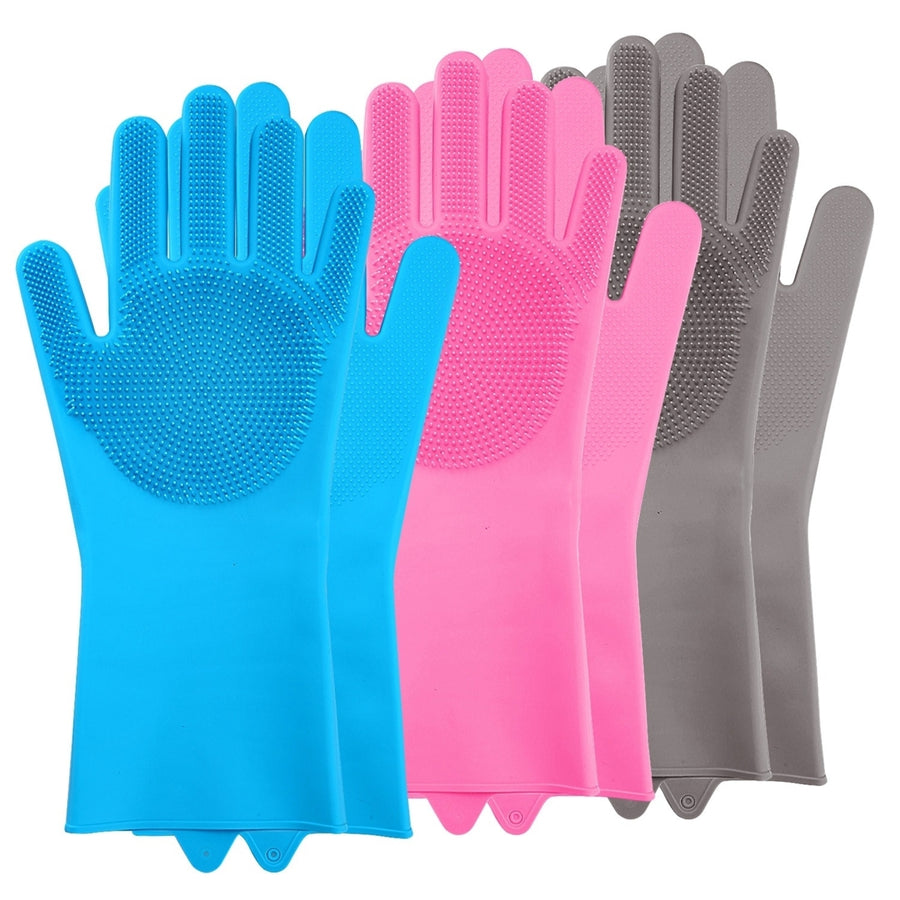 1 Pair Magic Silicone Brush Dishwashing Gloves Cleaning Sponge Pet Scrubber Heat Resistant Wash Gloves Image 1