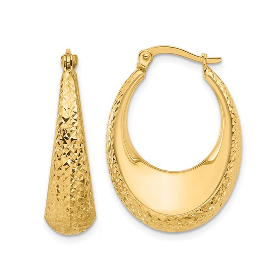 14K Yellow Gold Diamond-Cut Oval Hoop Earrings Image 1