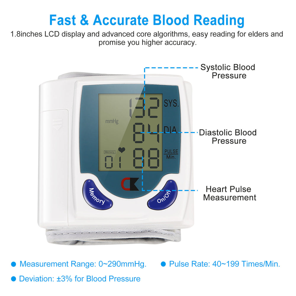 Blood Pressure Monitor Wrist Digital High Blood Pressure Cuff Heartbeat Tester 60 Memory Image 2