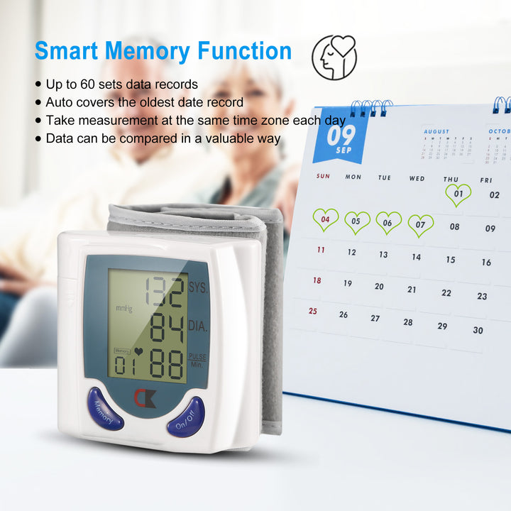 Blood Pressure Monitor Wrist Digital High Blood Pressure Cuff Heartbeat Tester 60 Memory Image 3