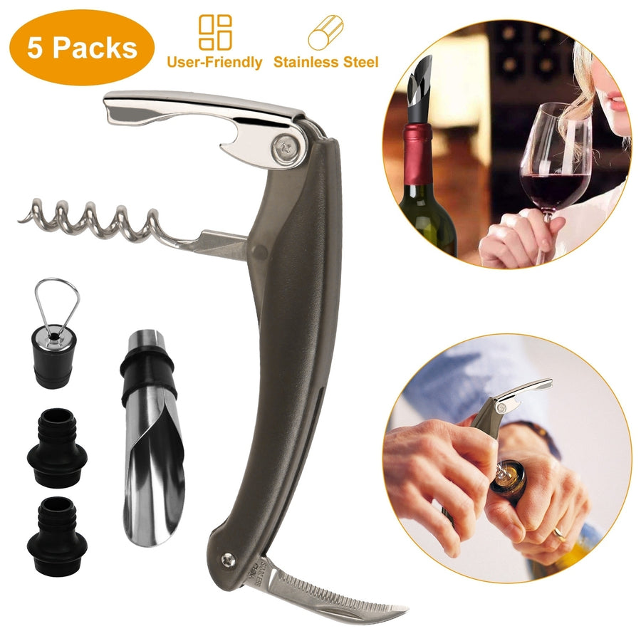 5 Pcs Wine Bottle Opener Set Wine Accessories Kit with Corkscrew Pourer Stopper Vacuum Pump Image 1