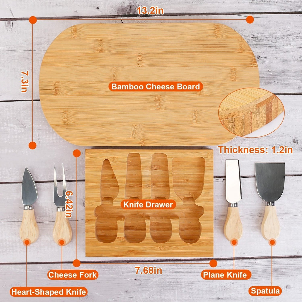 Oval Bamboo Cheese Board Knife Set Wooden Cheese Serving Platter Tray with 4 Stainless Steel Knives Image 2