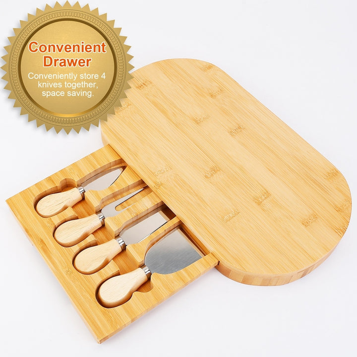 Oval Bamboo Cheese Board Knife Set Wooden Cheese Serving Platter Tray with 4 Stainless Steel Knives Image 4