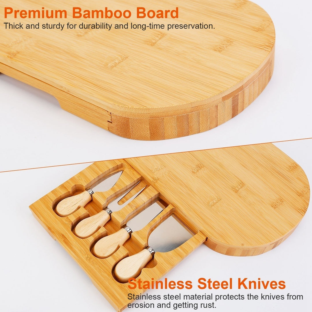 Oval Bamboo Cheese Board Knife Set Wooden Cheese Serving Platter Tray with 4 Stainless Steel Knives Image 6