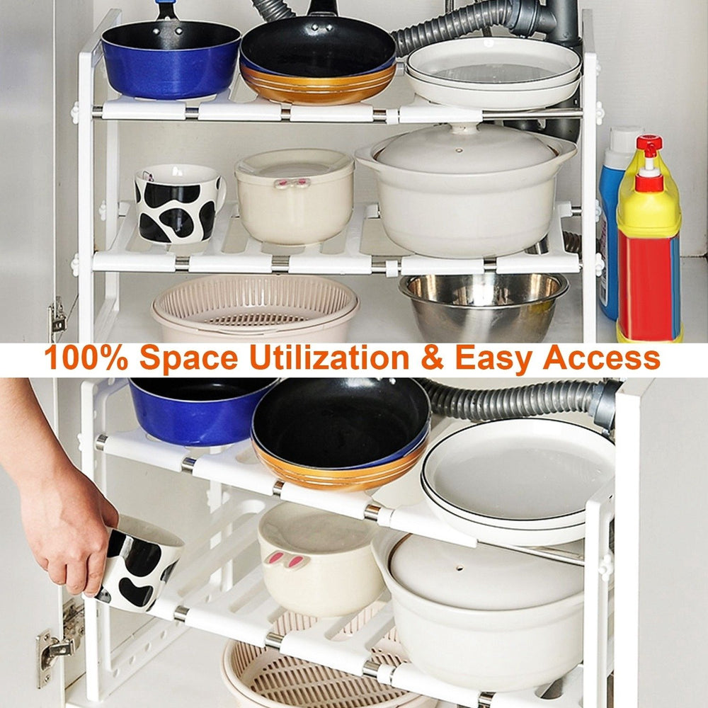 2 Tier Under Sink Organizer Retractable Kitchenware Rack Holders Space Saving Storage Shelf 22LBS Max Load Image 2