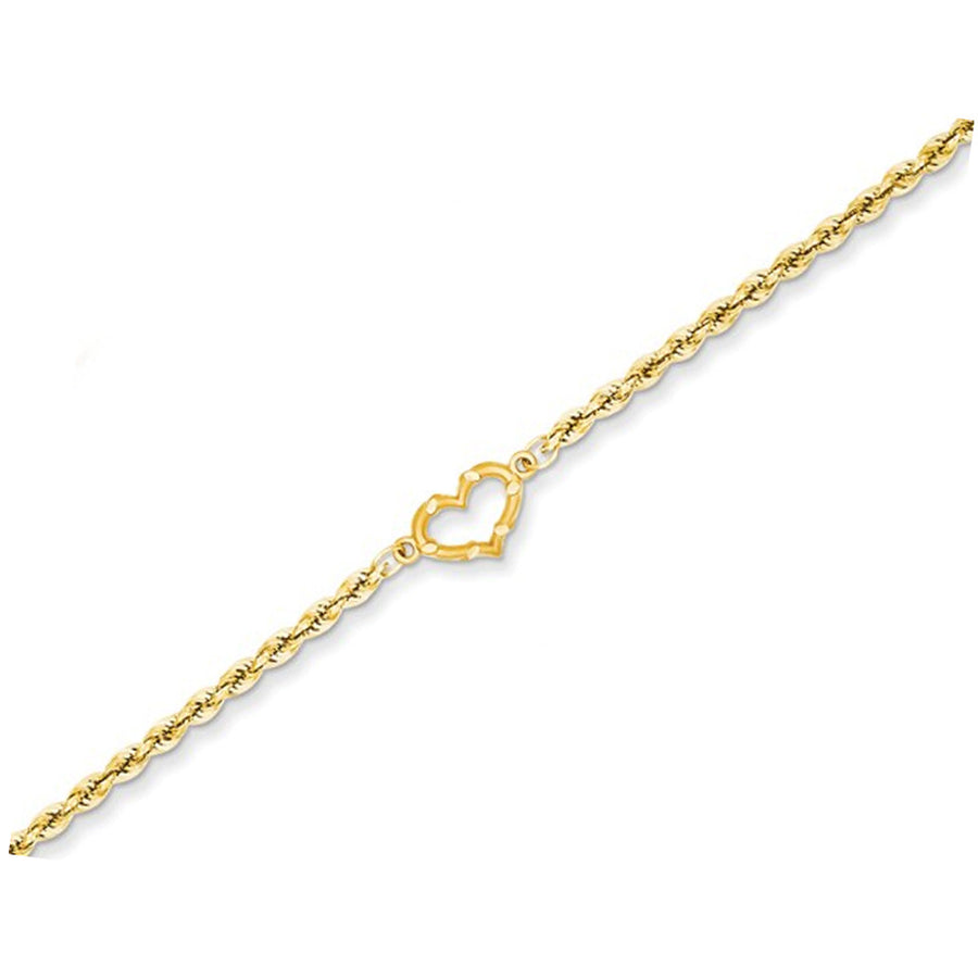 Diamond Cut Rope Chain Anklet with Heart in 14K Yellow Gold 10 Inches Image 1