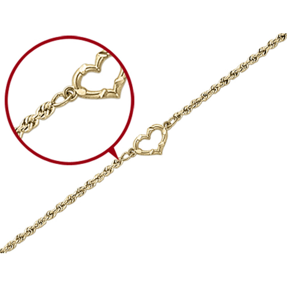 Diamond Cut Rope Chain Anklet with Heart in 14K Yellow Gold 10 Inches Image 2