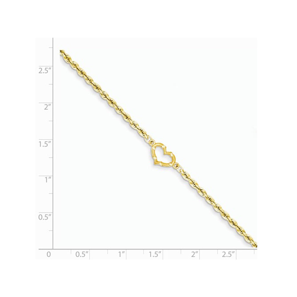 Diamond Cut Rope Chain Anklet with Heart in 14K Yellow Gold 10 Inches Image 3