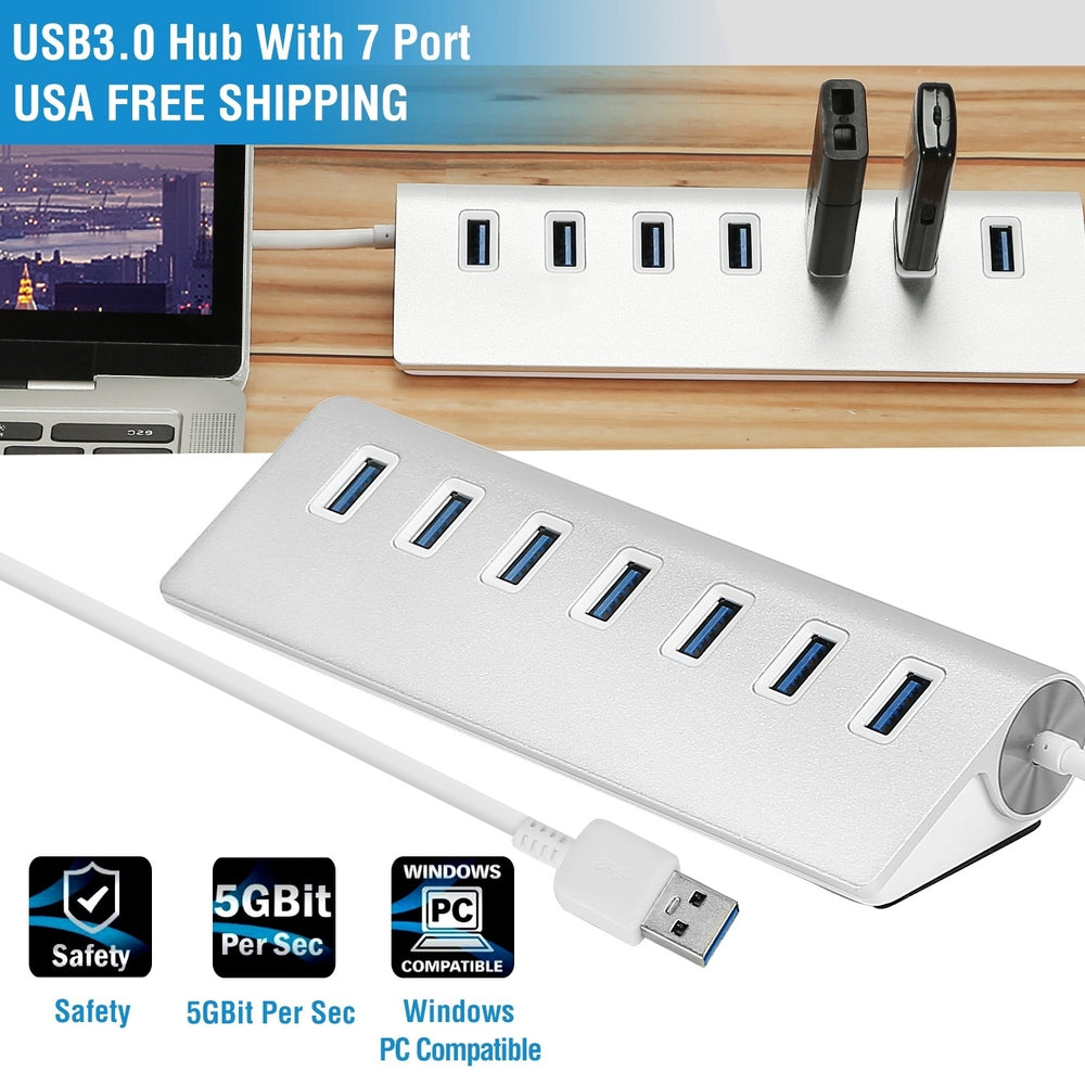 7Port USB 3.0 Hub Portable Super Speed USB Data Hub with 1ft USB 3.0 Cable for Windows Linux Mac Devices Image 2