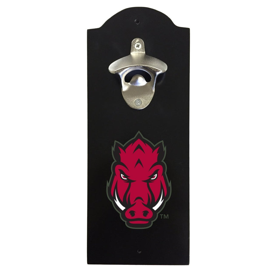 Arkansas Razorbacks Wall-Mounted Bottle Opener  Sturdy Metal with Decorative Wood Base for Home BarsRec Rooms and Fan Image 1